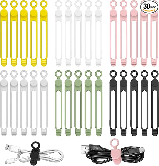 30Pcs Reusable Silicone Cable Ties 4.2in Wire Organizers for Cords, Charging Cables, USB Data Cables Electrical Cord Management 6Colors