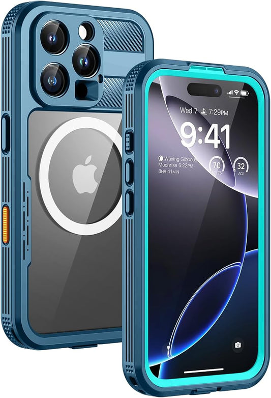 Lanhiem Magnetic for iPhone 16 Pro Case, IP68 Waterproof Dustproof Case, [Compatible with Magsafe] [Built-in Screen Protector] Full Body Heavy Duty Rugged Phone Cover 6.3 inch, Blue/Clear