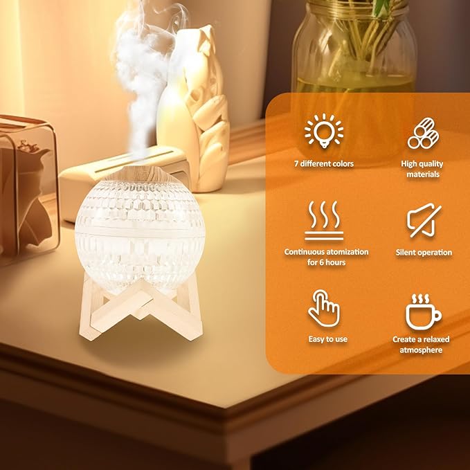 Crystal Ball Mist Mini Humidifier with Night Light Elegant Crystal Ball Oil Humidifiers with Wood Stand 350ml Mini Humidifier Auto Power Off Aromatherapy Diffuser Portable for Decoration Travel Office