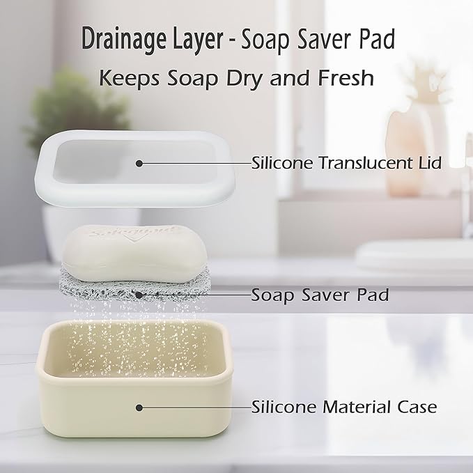 AIDIMMING Leak Proof Silicone Travel Soap Case with Clear Lid & Drain Pad, Compact Bar Soap Container, Portable Soap Holder for Standard Bar Soap & Handmade Soap, Travel Camping Gym (Clear&Offwhite)