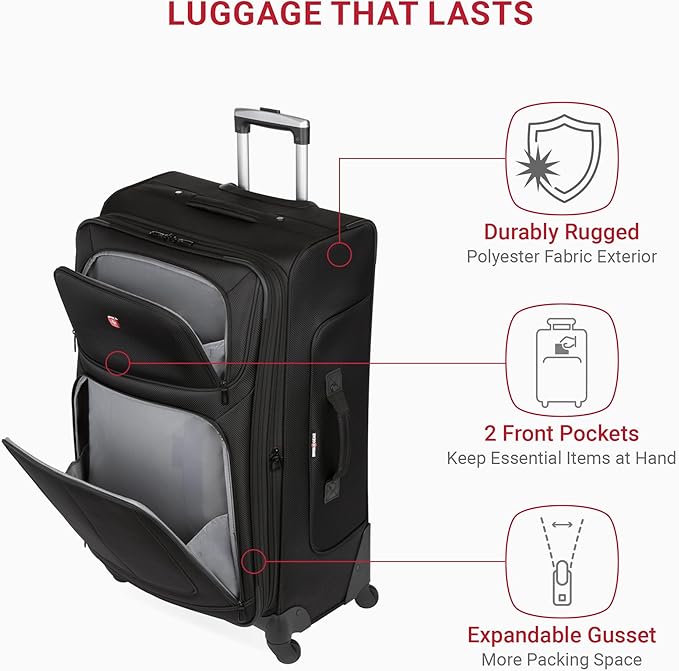 SWISSGEAR Sion Softside Expandable Spinner Luggage Durable Lightweight Travel Suitcase, Black, Checked-Large