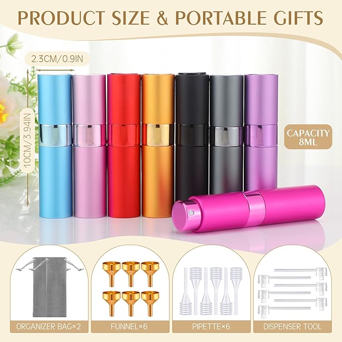 Honeydak 16 Pack 8 ml Refillable Perfume Atomizer Mini Refillable Spray Travel Bottles Empty Cologne Sprayer Portable Fragrance Atomizer with Funnel, Dispenser, Pipettes, Bag(8 Colors)