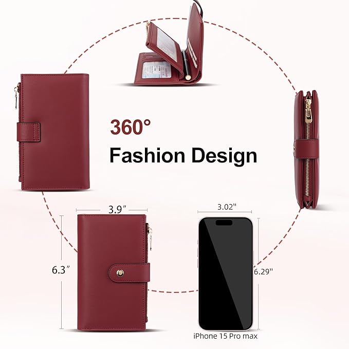 yiijay Womens Wallet RFID Blocking Leather Trifold Clutch Wallet Credit Card Holder Ladies Travel Wallet Purse with Pen Holder