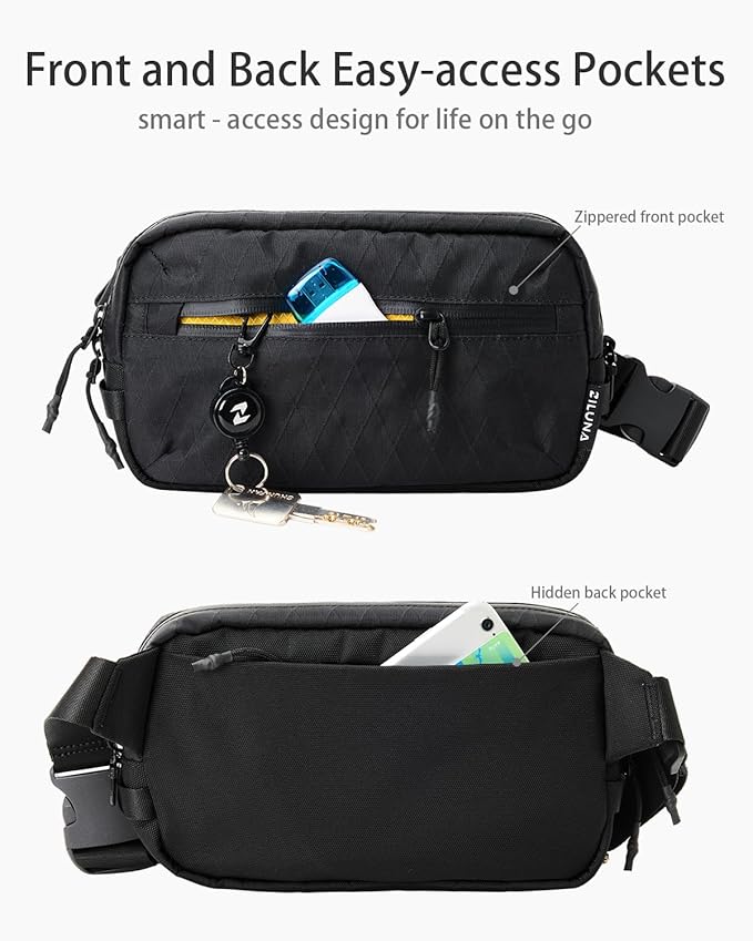2L Sling Bag for Men & Women - Anti-Theft RFID Blocking Fanny Pack with Lockable Zippers, Water Resistant Lightweight Crossbody Bag for Travel Hiking Running Gym Walking Daily Use(X-Black)