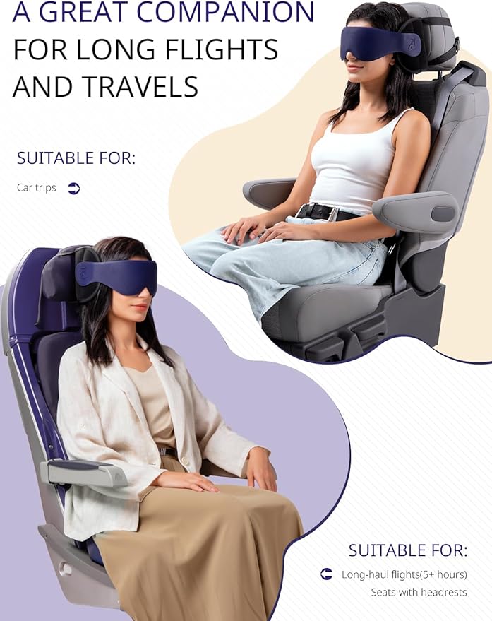 Travel Pillow, Airplane Pillow with 3D Eye Mask for Sleeping, Round Edge Plane Head Strap 360°Headrest Support for Long Flight, Stop Bobblehead, Travel Essential for Car Road Trip Purple