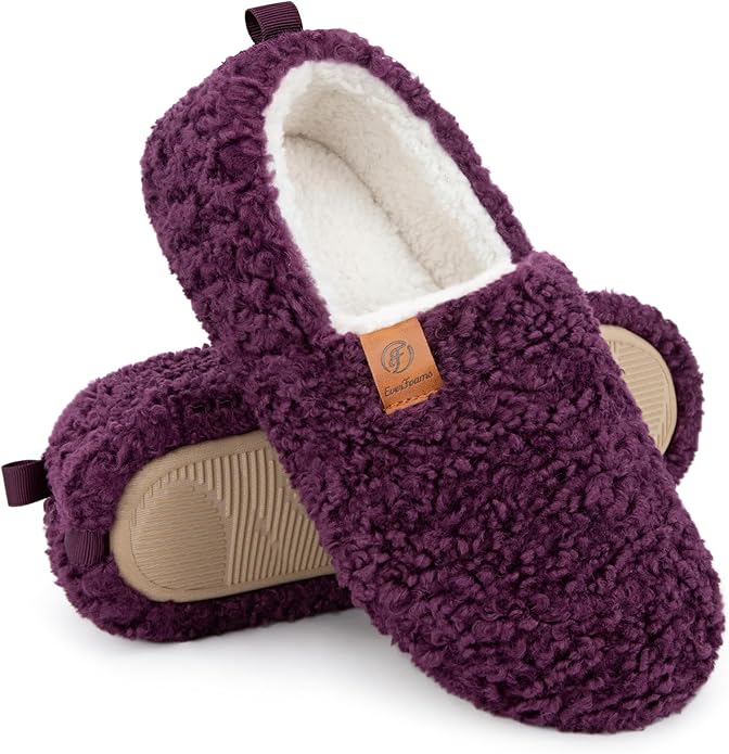 EverFoams Women’s Soft Curly Full Slippers Memory Foam Lightweight House Shoes Cozy Loafer with Polar Fleece Lining