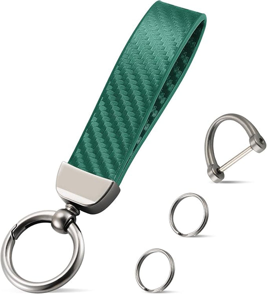JUSTTOP Leather Keychain, Carbon Fiber Car Key Chain with Anti-Lost D-Ring and 2 Key Ring, Keychain Wristlet, Car Accessories, Universal Keychain for Men and Women (Green)