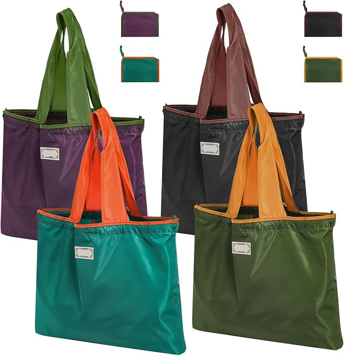 Covzoe 4 Pack Reusable Shopping Bags, Foldable Grocery Bags with Handles, Large Lightweight Tote Bag Fits in Pocket, Washable Beach Bag for Kitchen Travel Shopping, Drawstring Closure