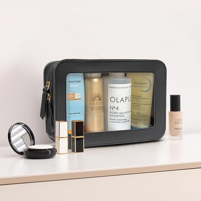 LETGO Clear Beach Makeup Bags, TSA Approved Toiletry Bag with Zipper, Clear Makeup Organizer Fit Carry-on Travel Car Accessories Essentials,Portable Travel Small Pouch for Women Men (Black)