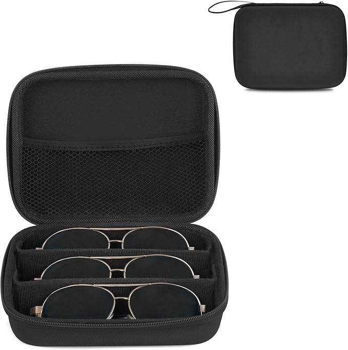 Mkono Travel Sunglasses Organizer Glasses Case Multiple Pairs with Adjustable Slots Eyeglasses Case Storage Box for Men (3 Slots, Black)