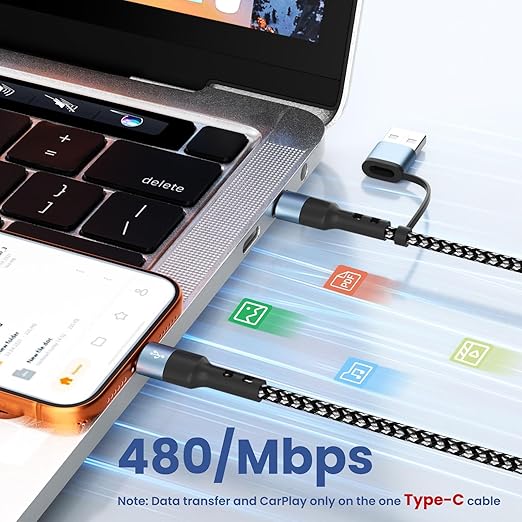 Multi Charging Cable, 6-in-1 USB A/C Cable with Dual Type-C/IP/Micro USB, (2Pack 5FT) Multi Chargers Cord for All Devices, Phone Charger Cord for iPhone 17/16/15/14, Galaxy, Android