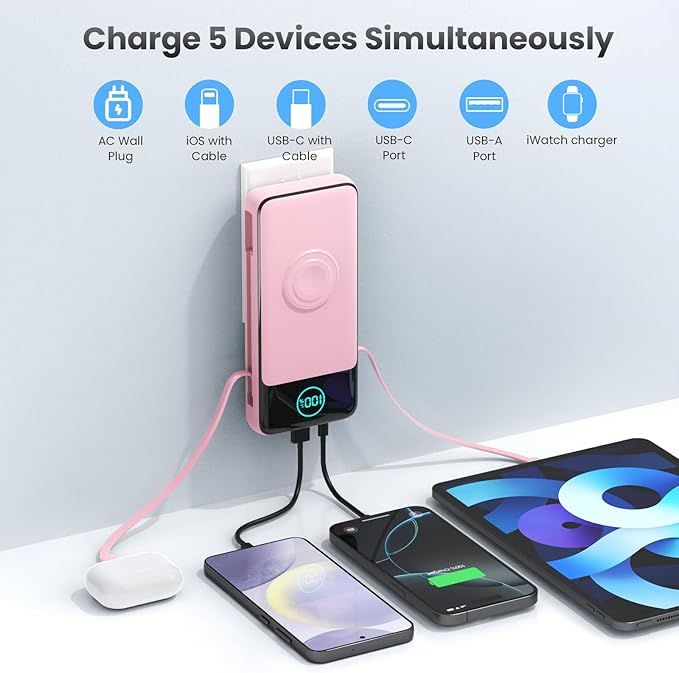 Portable Charger for iPhone with Built-in Cables and AC Wall Plug,26800mah Fast Charging USB C Power Bank,25W PD Travel Essential Battery Pack for iPhone 17/16/15/14/13,Galaxy,Apple Watch (Pink)
