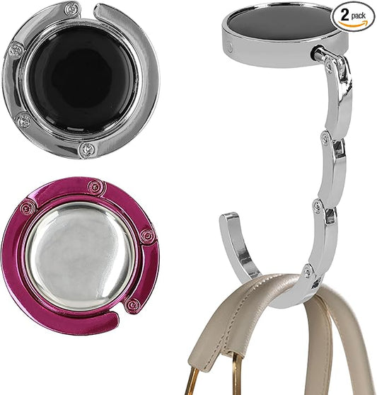 kwmobile Purse Hook for Table - Set of 2 Purse Holder - Folding Handbag Hanger - Portable Bag Holder - Bag Hooks for Desk - Table Hook Silver/Dark Pink