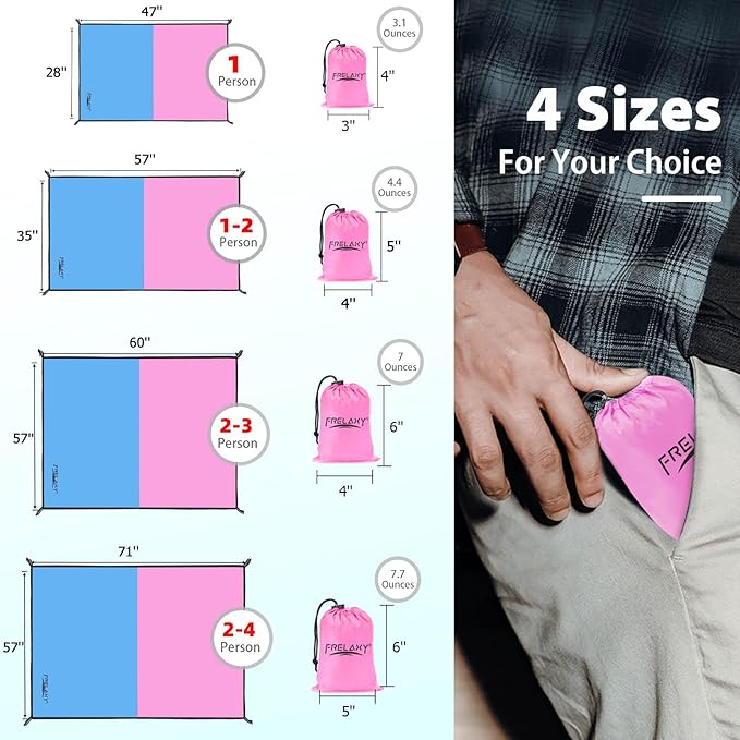 Frelaxy Pocket Picnic Blanket, Waterproof Sandproof Beach Mat, Compact Camping Tarp for Festivals, Hiking, Travel, Outdoor Recreation (Pink & Blue, 28'' x 47'')