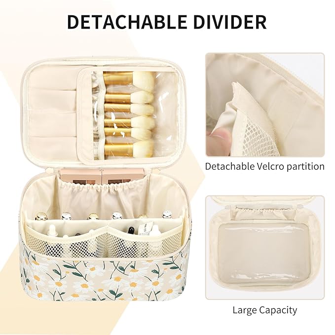 OCHEAL Makeup Bag,Travel Makeup Organizer Bag, Cute Cosmetic Bags for Women Girls Travel Toiletry Bag Traveling With Brush Slot And Divider-Floral