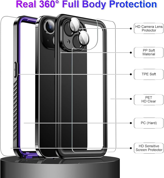 Compatible with iPhone 14 Case Waterproof, Built-in Screen & Camera Protector IP68 Underwater Full Body 14FT Military Dropproof Shockproof Phone Case 6.1"-Purple/Clear