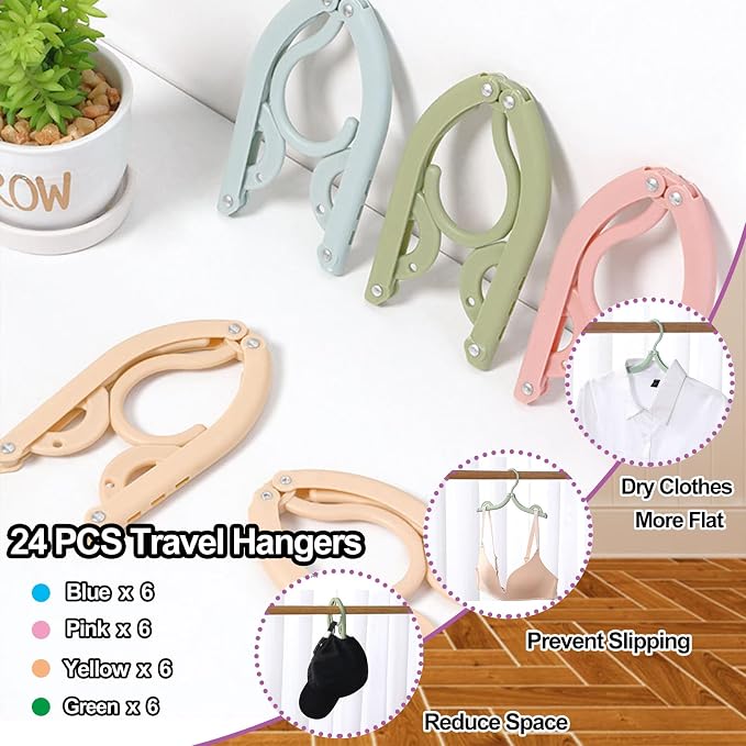 24PCS Travel Hangers,Portable Folding Clothes Hangers,Clothes Hangers with Clotheslines,Foldable Clothes Drying Rack for Travel,Plastic Foldable Non Slip Clothing Hangers