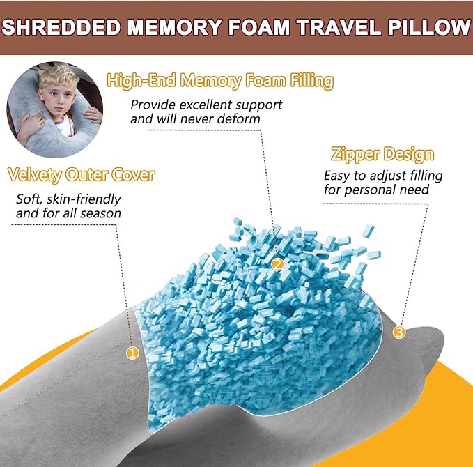 1 MIDDLE ONE Car Pillow for Kids, Memory Foam Travel Pillow for Car and Adults, Kid Travel Pillow for Sleeping on Road Trip, Small Body Pillow for Kids (Grey)