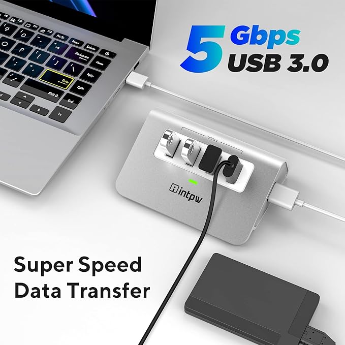 intpw USB 3.0 Hub, Aluminum 4 Port USB Data Hub 3.0 Port Extender Splitter Multiport Adapter with 3.3ft Cable ，USB HUB for PC/Laptop/Xbox/FlashDrive/Printer/Camera/Keyborad/Mouse