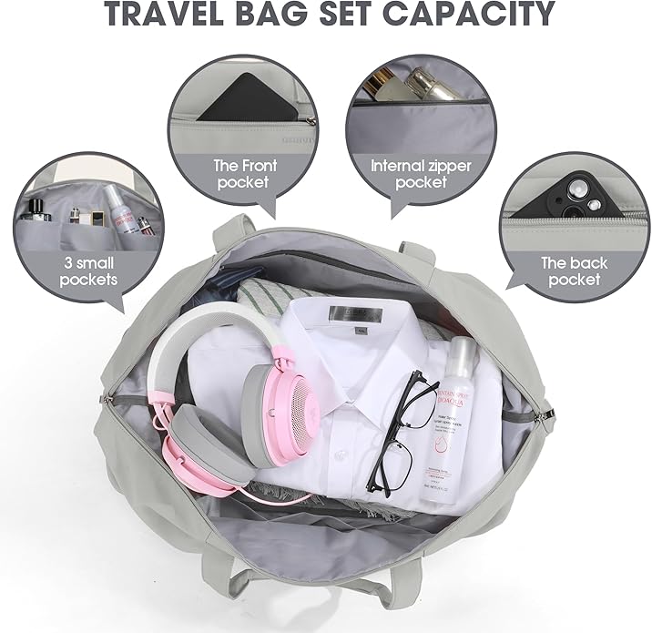 Women's Weekender bag Travel Duffel Bag with Shoe Compartment 21-inch Airline-Approved Carry-On, 2-Piece Overnight Bag Set Personal Item Luggage