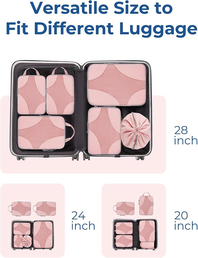BAGSMART Compression Packing Cubes for Travel, 6 Set/14 Set Compressible Luggage Organizer for Cruise Ship, Lightweight Travel Essentials (1L+2M+2S+Shoe bag+Drawstring bag+Toiletry bag+6Plastic bags)
