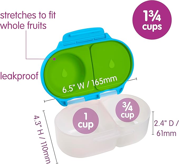 b.box Snack Box 2 Pack - Leak Proof Mini Bento Box for Kids & Toddlers, 2 Compartment Snack Containers for Kids, Dishwasher Safe, BPA Free, PFAS Free, Ages 4m+, 1 3/4 Cup Each (Ocean Blue + Forest)