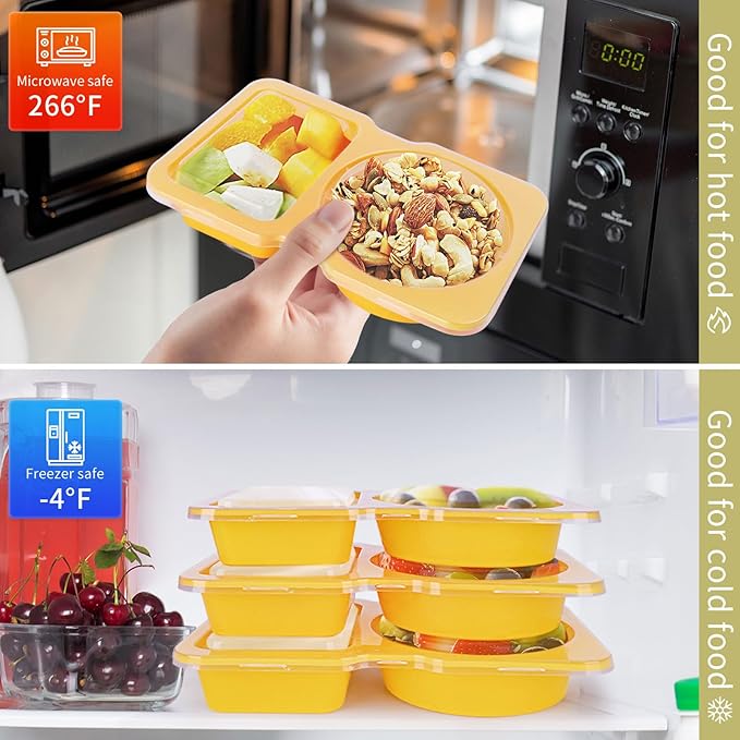 20 Pack Reusable Snack Containers with Lids - Double Compartment Condiment Snack Pack Containers with 20 Fork, Microwave Safe Portion Control Containers for Meal Prep, Take-out, Party & Travel(Yellow)