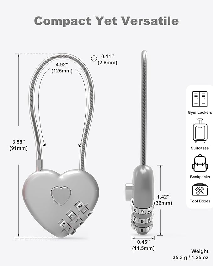 Combination Padlock, Small Cable Lock with Code, Candados para Locker, Combo Cable Lock for Luggage, Suitcase, Gym Locker, Backpack Zipper, Cabinet, Mailbox, Outdoor Use, Travel Safe Bag