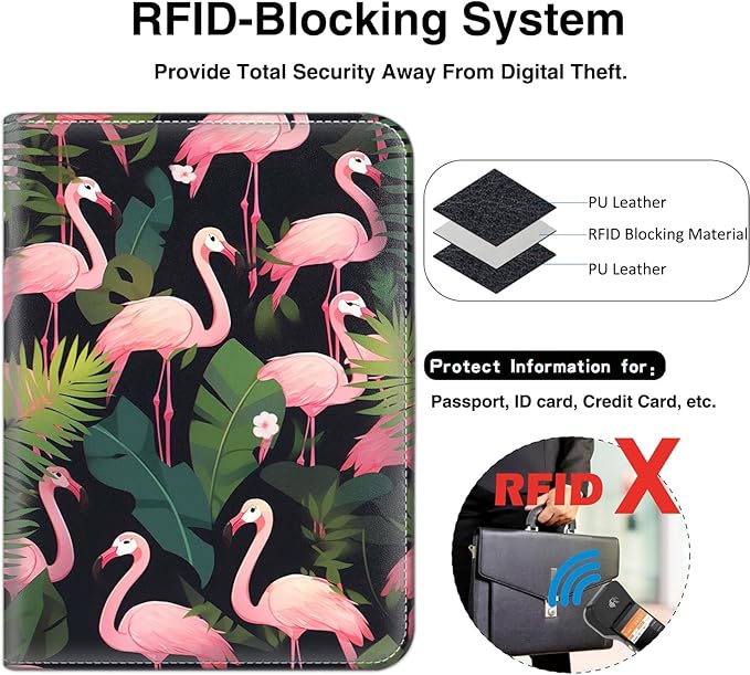 Passport Wallet, Passport Holder with RFID Blocking and Luggage Tag, Waterproof PU Leather Travel Documents Organizer Case, Passport Covers with Card Slot for Women & Men, Flamingo Passport Book
