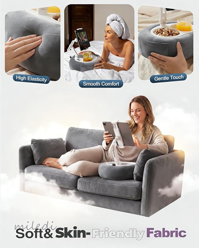 Tablet Pillow Stand, Compatible with 5"-12.9" Kindle, iPad, Phone/Tablet, Google, Samsung, 360° Rotating Phone Holder for Bed, Soft Plush Fabric, Detachable Bowl, Reading and Relaxation on Bed, Gray