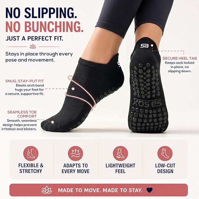 SB SOX Pilates Socks for Women (2 Pairs) - Non Slip Grip Socks for Yoga, Barre, Hospital - With Lite Compression