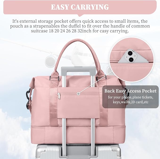 Weekender Bags for Women,Overnight Travel Duffel Bag with Shoes Compartment& Toiletry Bag,Extra Large(Pink)