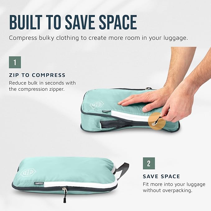 Large Compression Packing Cubes for Travel-Packing Cube Luggage Organizers 7 Piece Set for Checked Luggage-Ultralight, Expandable/Compression Bags by TRIPPED Travel Gear (DustyTeal/White)