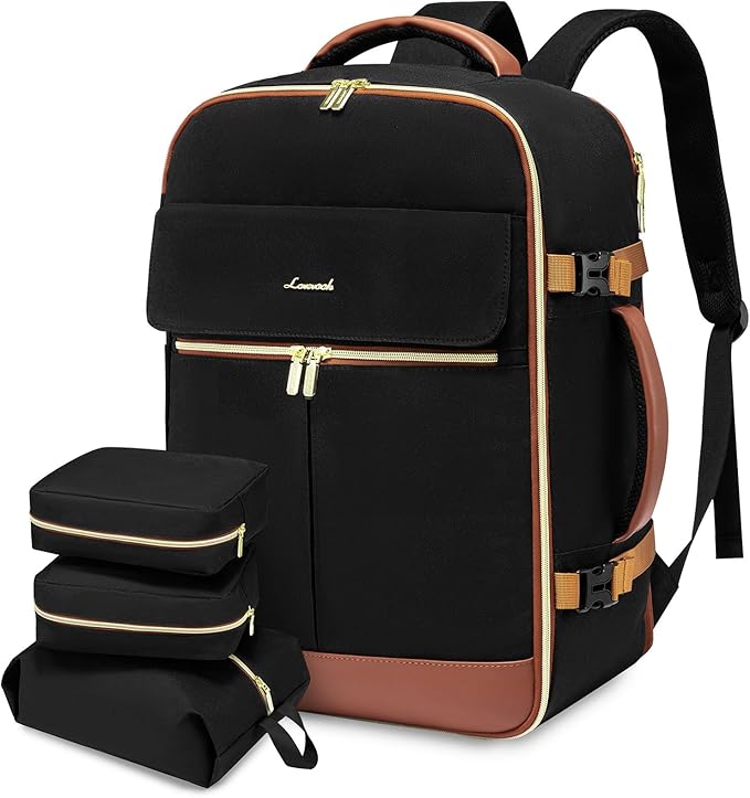 LOVEVOOK Carry On Backpack, 50L Travel Backpack Women with 3 Packing Cubes, TSA Airline Approved Suitcase Bag as Personal Item, Waterproof 18 inch Laptop Backpack for Weekender Overnight,Black-Brown