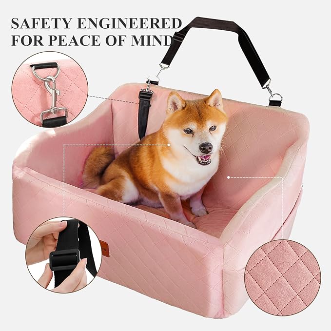 Lealchum Dog Car Seat for Medium/Large Dogs,2 Clip-On Safety Leashs for 2 Small Dogs,Removable and Washable Comfy Pet Car Seat,Easy to Install and Clean (Pink, Large)