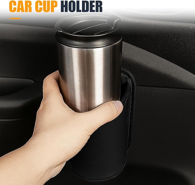 YoRise Leather Car Cup Holder, Scratch-Resistant Clip-On Auto Door Beverage Holders, Universal Hanging Vehicle Back Seat Drink Pocket Organizer for Soda Cans, Water Bottles, Coffee (Black)