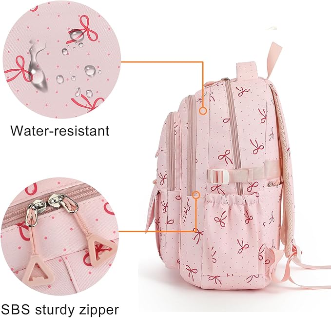 Phaoullzon Girls School Coquette Backpack for Teen Kawaii Bows Bookbag College Daypack,Pink Bow