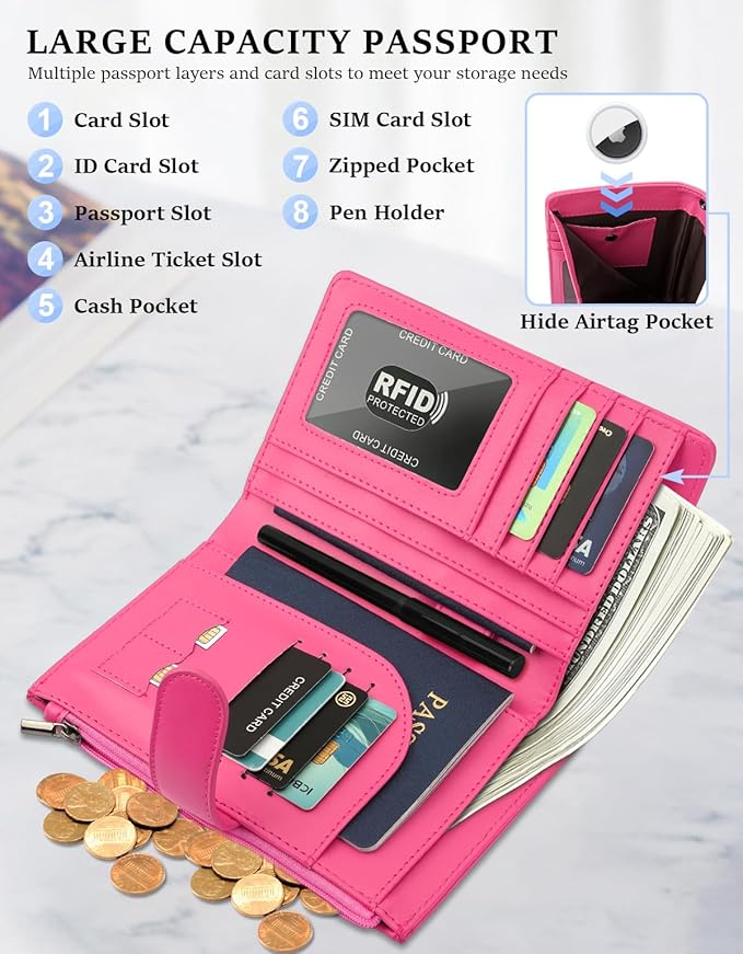RFID Passport Holder for Women/Men Travel Gifts, Large Capacity Passport Wallet, Family Travel Documents Organizer with Card/Airtag Slots, Zipper coin pocket, Cash Holder Passport Cover Case(Hot Pink)