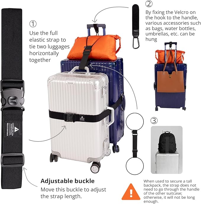 Luggage Straps 3 PCS for Suitcases, Connector Strap with Heavy Duty Lockable Buckle Connect 2 Suitcases, a Luggage Hook with Velcro Fixing Travel Accessories, Bags, a Bag Strap Adding a Backpack
