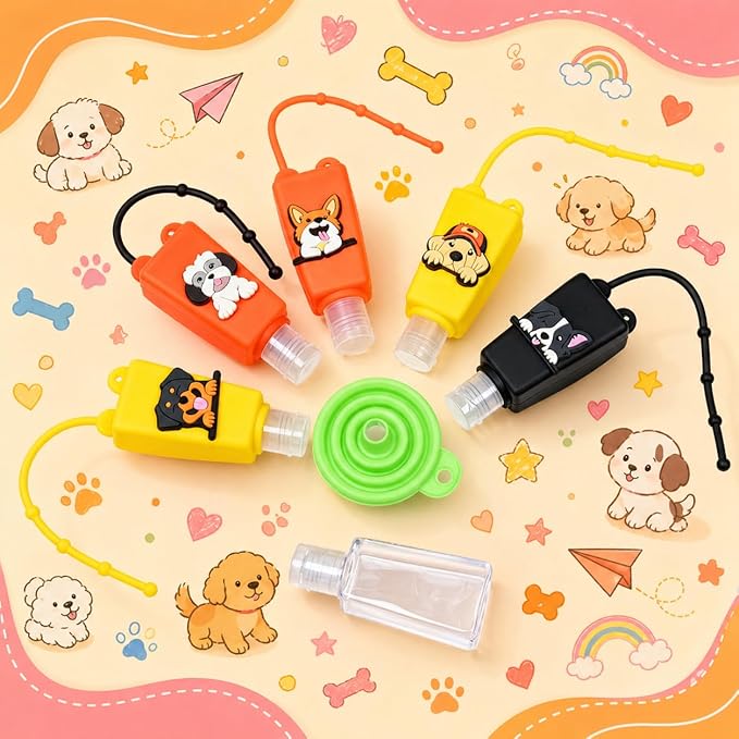 5-Pack Cartoon Kids Hand Sanitizer Holder, 30ml Travel Size Refillable Bottles with Silicone Case, Leak-Proof Portable Containers for Lotion & Liquid Soap (Puppy Pal)