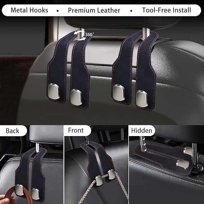 4Pcs Car Headrest Hooks with Premium Leather, Upgraded Double Metal Hooks with Anti-Drop Design, Universal Back Seat Hanger for Bags, Coats, Purses and Groceries (Stylish Black)