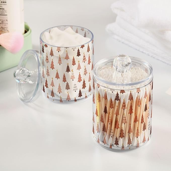 Gredecor 2 Pack Qtip Holder Clear Pastel Christmas Tree Pink Forest Apothecary Jars with Lids Acrylic Christmas Winter Bathroom Jars Vanity Canister Storage Organizer for Cotton Ball,Swabs,Pads,Floss