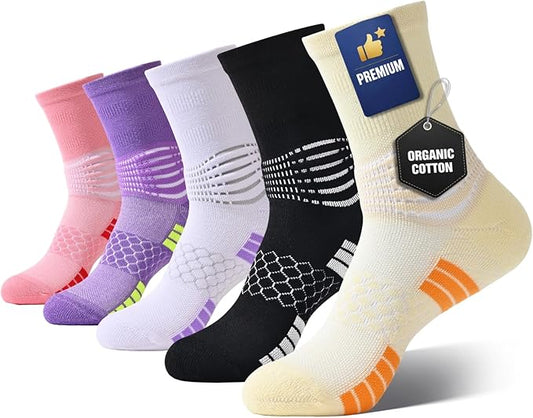Women’s Cotton Crew Compression Socks 5 Pairs Breathable Skin-Friendly with Targeted Ankle Support & Dry-Fit