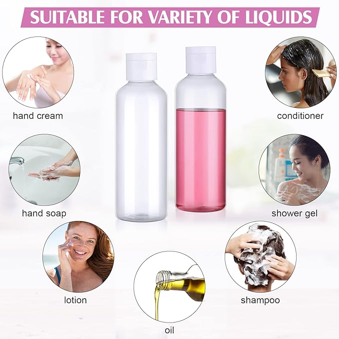 50 Pcs 3.4 oz Travel Bottles for Toiletries TSA Approved Leakproof Plastic Empty 100 ml Travel Size Bottles Bulk Refillable Squeeze Clear Container for Cosmetic Shampoo Liquids(Clear, White)