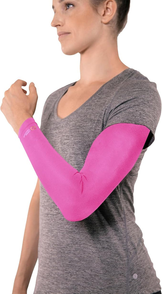 Copper Compression Arm Sleeve - Copper Infused Full Arm Brace for Forearm, Bicep, Triceps - Tennis Elbow, Basketball, Golf, Arthritis, Tendonitis, Bursitis, Post Surgery Rehab - Odor Resistant - Pink - L