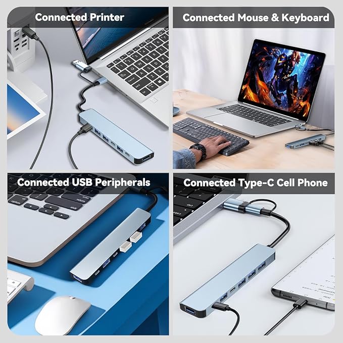 USB C/USB Hub Aluminum 7 in 1 Type-C USB Extender Multiport Adapter with USB3.0 & USB2.0 Ports for PC/Laptops/MacBook Pro/Air/iMac/iPad and More Devices