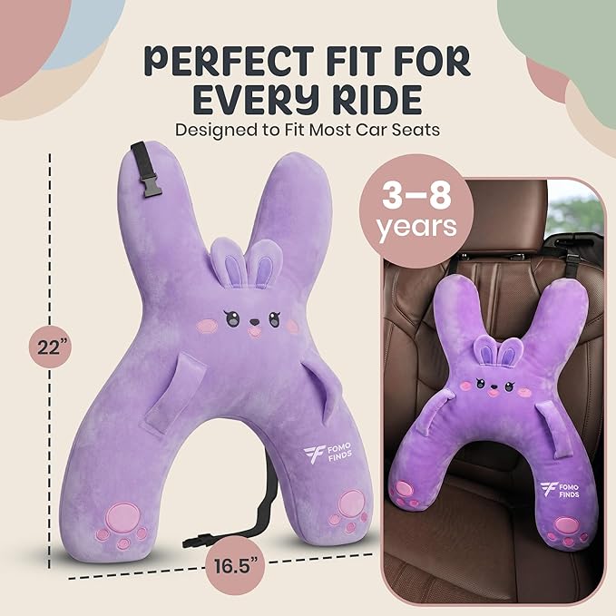 Kids Car Sleeping Pillow - H-Shaped for Neck & Back Support - Hands & Seat Belt Slot - Machine Washable & Compressible - Perfect for Car, Plane, Train, Boat & More - Purple