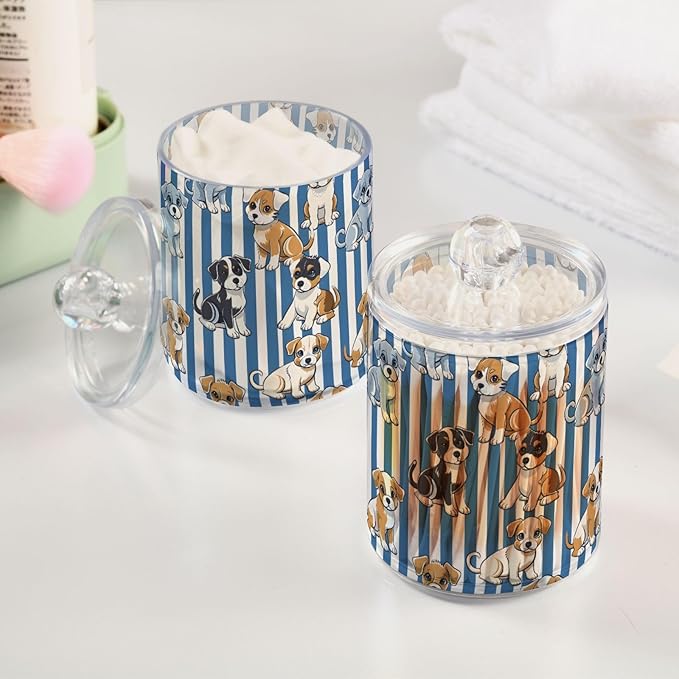 2 Pack Qtip Holder Organizer Dispenser Cute Puppies Blue White Stripes Bathroom Storage Canister Cotton Ball Holder Container for Cotton Pads/Swabs/Floss