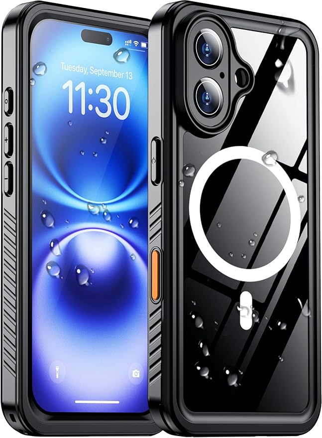 Compatible with iPhone 16 Case Waterproof, Compatible with MagSafe Built-in Screen & Camera Protector IP68 Underwater Full Body 16FT Military Dropproof Shockproof Phone Case 6.1"-Black