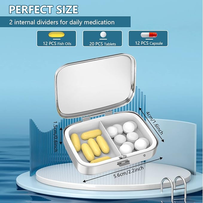 Pill Box 2 Compartment Small Pill Case,Portable for Pocket or Purse Pill Organizer Pill Container Holder to Hold Vitamins, Medication, Fish Oil and Supplements(6PCS)